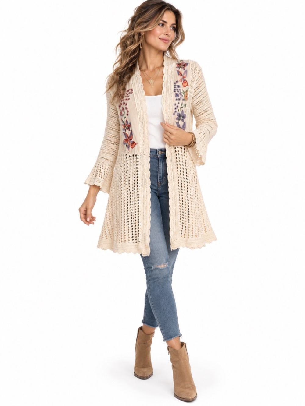 V. Christina Cream Crochet Floral Embroidered Cottagecore Open Cardigan Size L